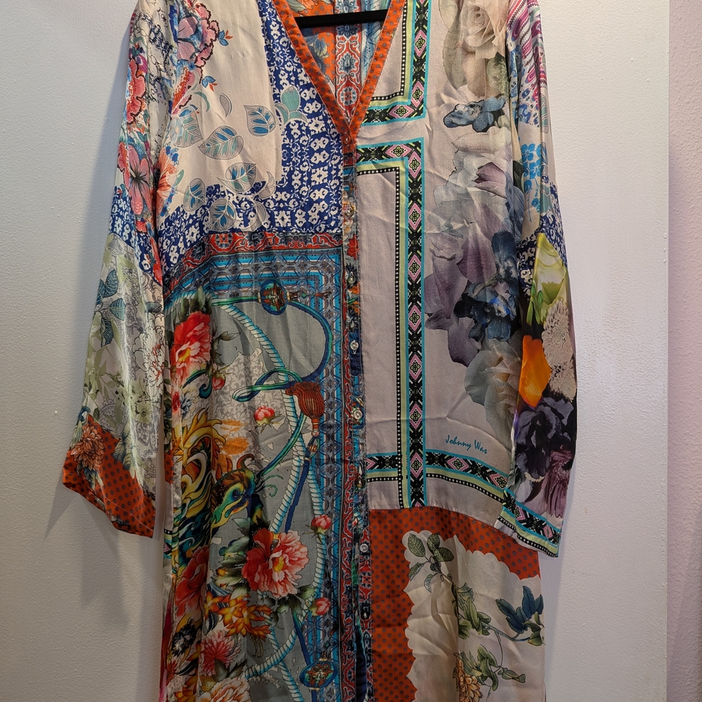 Johnny Was Silk Floral Patchwork Long Sleeve Coat/ Shirt/Dress